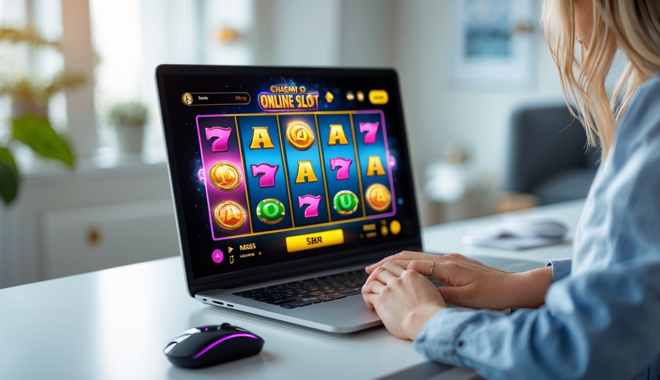 Seseorang bermain permainan slot online di komputer dengan tampilan layar penuh warna di meja yang rapi.