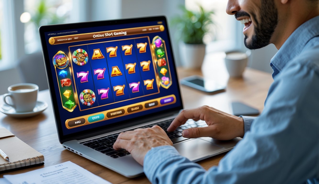 Seorang dewasa sedang bermain permainan slot online di laptop di meja kerja dengan suasana yang rapi dan nyaman.