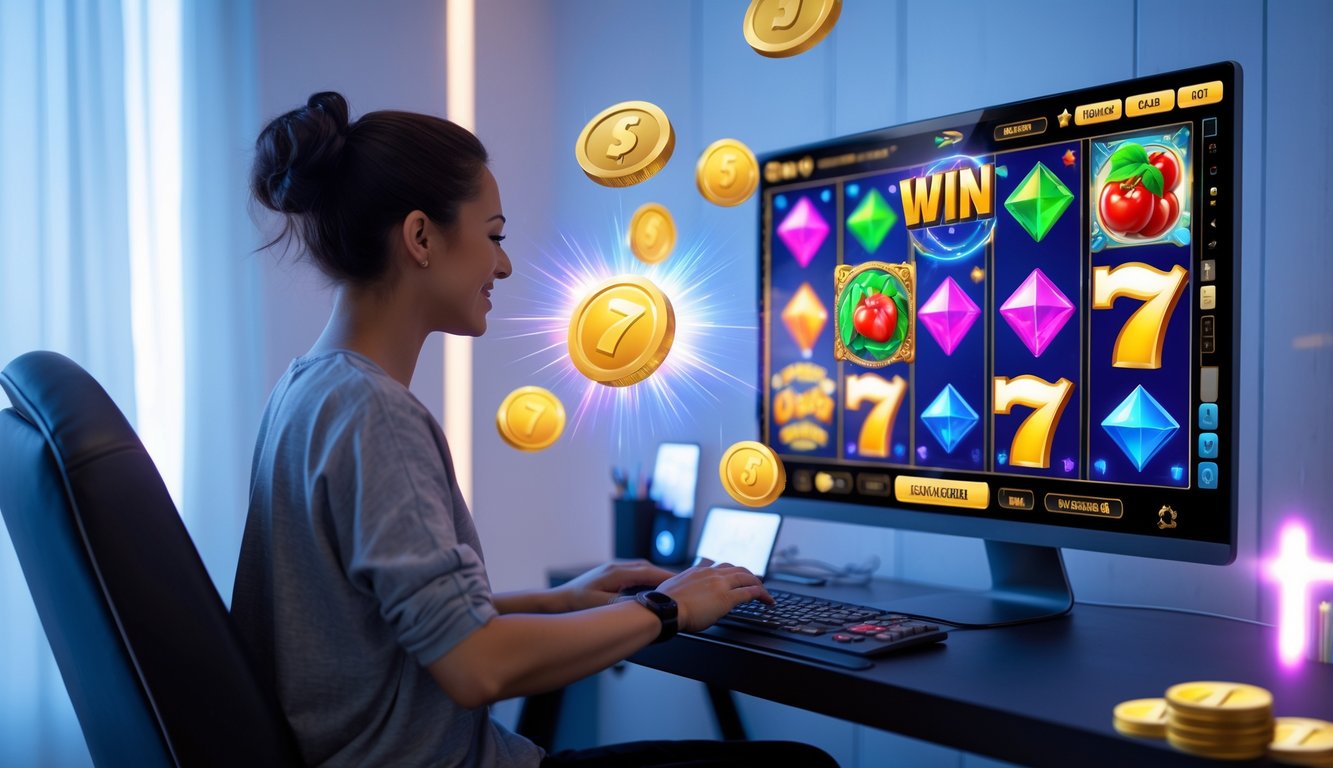 Seseorang duduk di depan komputer yang menampilkan permainan slot online berwarna-warni dengan simbol kemenangan dan koin digital di sekitar meja.