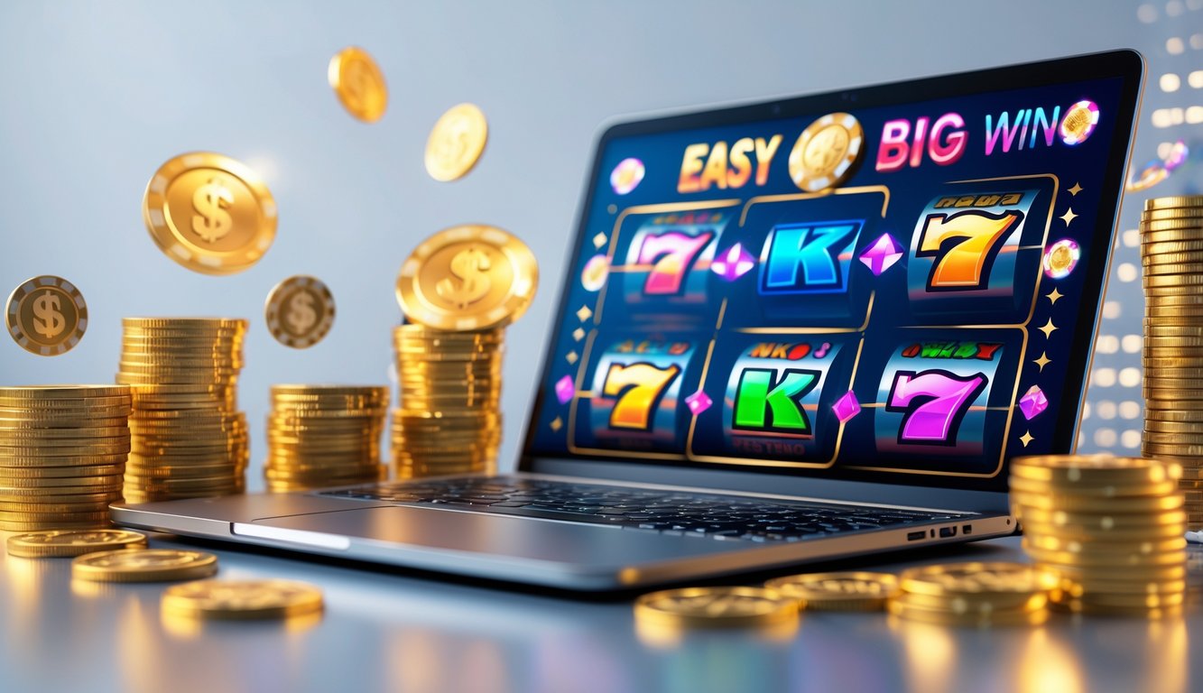 Seorang pengguna sedang bermain mesin slot online di komputer dengan tumpukan koin emas dan chip kasino di sekitarnya.