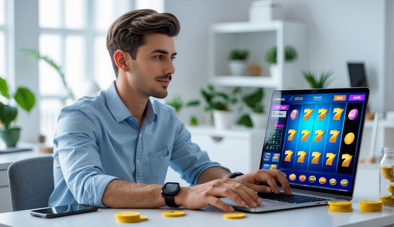 Seorang pria muda duduk di meja dengan laptop, fokus bermain permainan slot online di ruang kerja yang terang dan rapi.