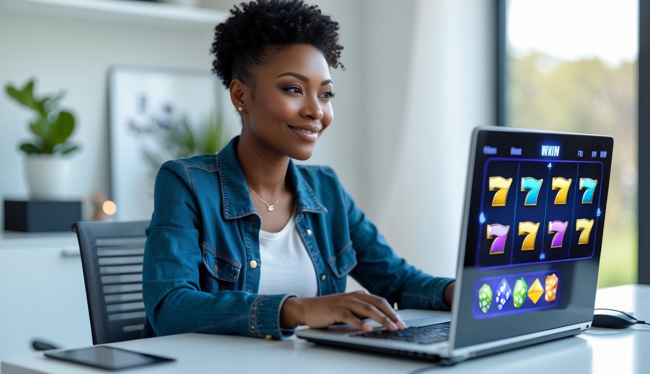 Seorang dewasa muda duduk di meja dengan laptop, fokus bermain permainan slot online di ruang kerja yang terang dan rapi.