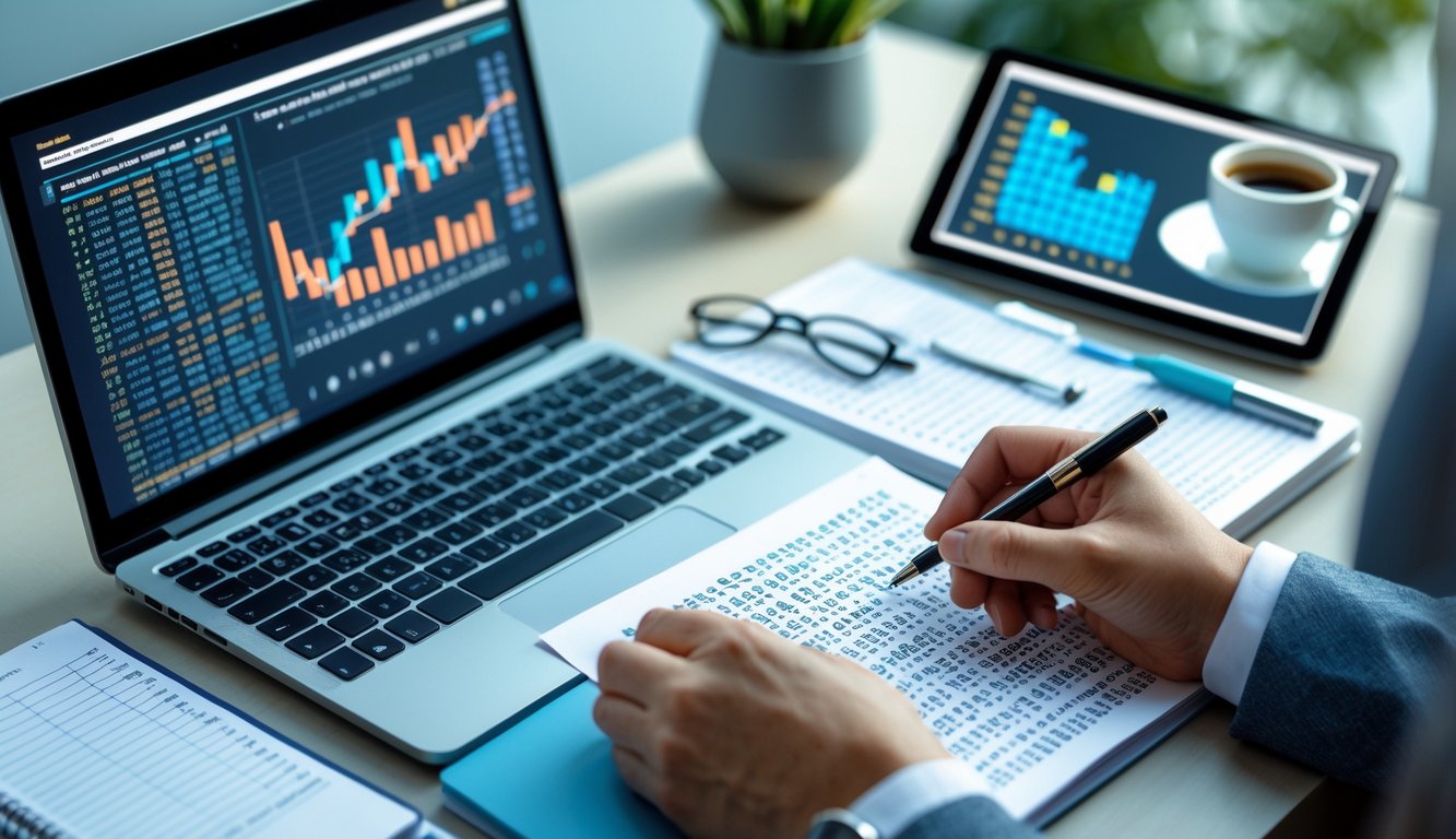 Meja kerja dengan laptop, tablet, dan dokumen berisi data dan grafik angka yang sedang dianalisis.
