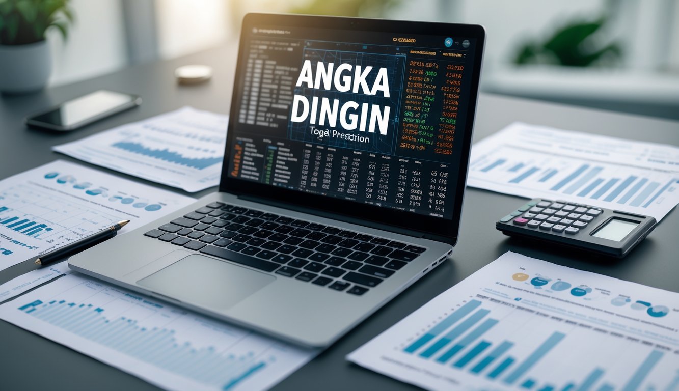 Meja kerja dengan laptop yang menampilkan grafik data dan angka, kertas dengan grafik dan angka, serta alat tulis dan kalkulator, menggambarkan analisis data togel.