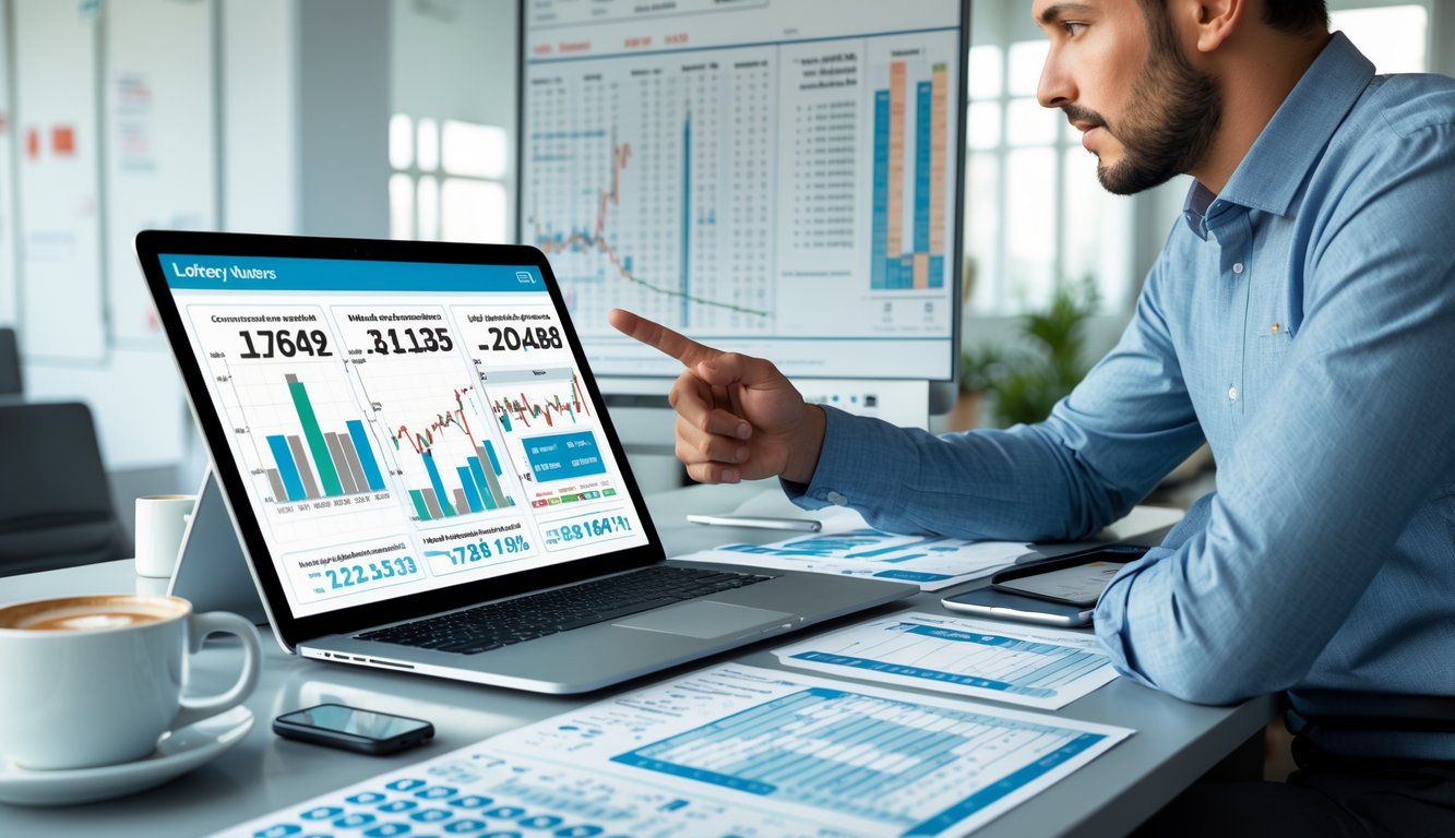 Seorang pria sedang menganalisis data statistik di meja kerja dengan laptop dan dokumen berisi angka dan grafik.