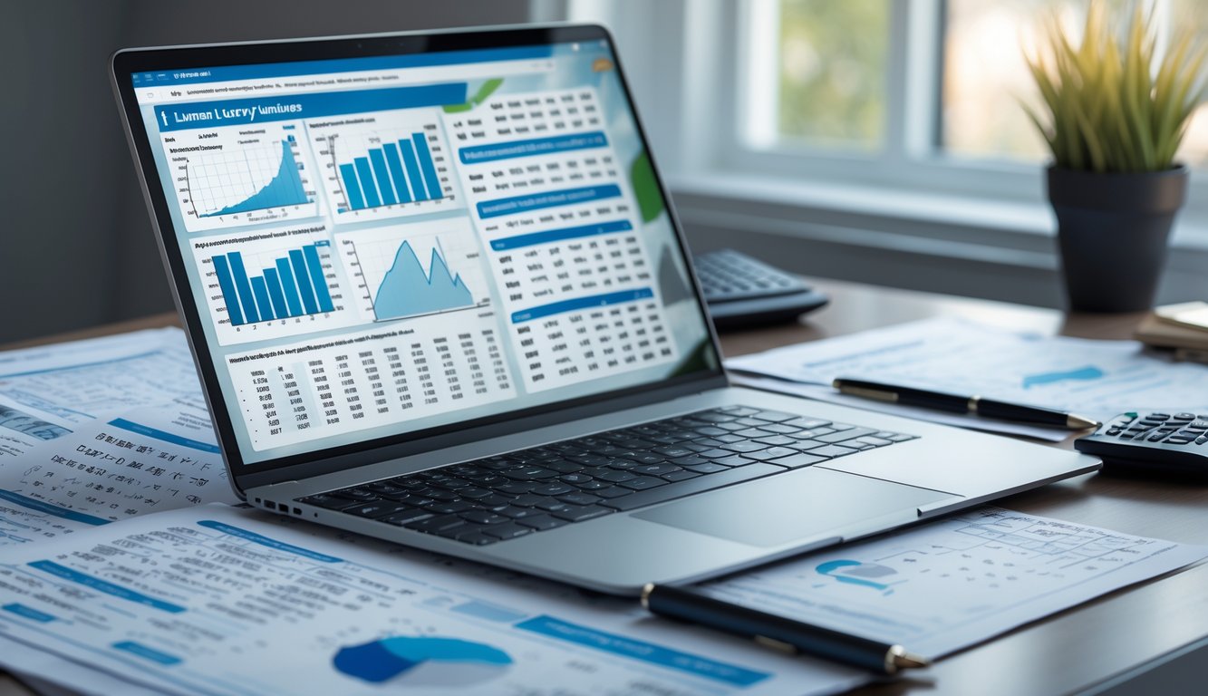 Meja kerja dengan laptop yang menampilkan grafik statistik dan beberapa lembar kertas berisi angka serta alat tulis.