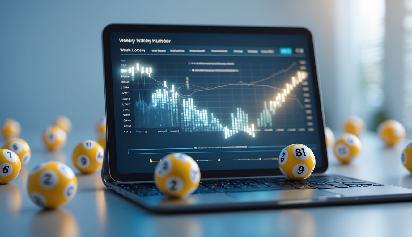 Meja kerja modern dengan tablet menampilkan grafik data dan bola togel berangka tersebar di sekitarnya.