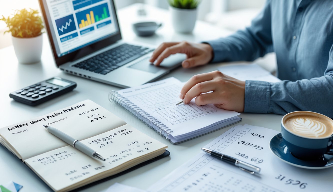 Meja kerja dengan laptop, catatan angka, dan alat tulis yang menunjukkan aktivitas analisis prediksi angka togel mingguan.