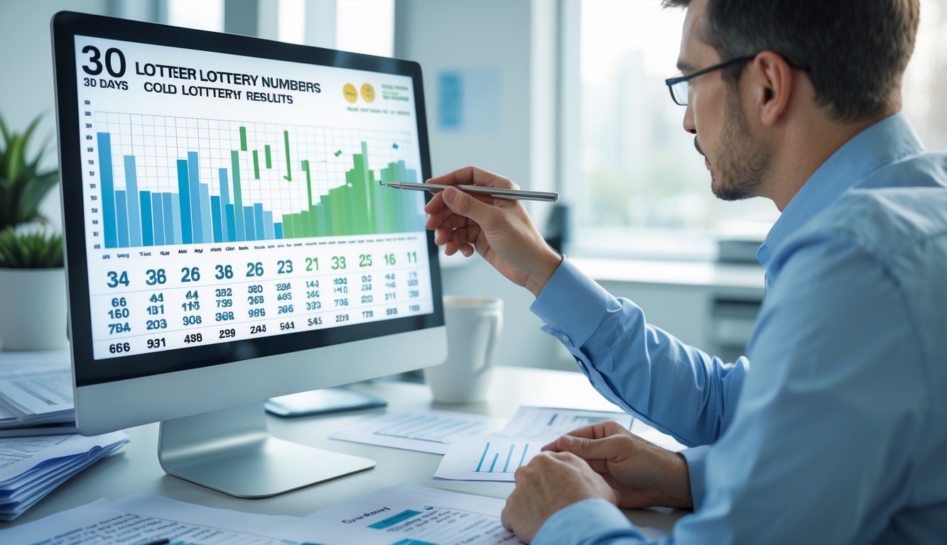 Seseorang sedang menganalisis data togel di depan layar komputer dengan grafik dan angka, di sebuah kantor yang rapi.