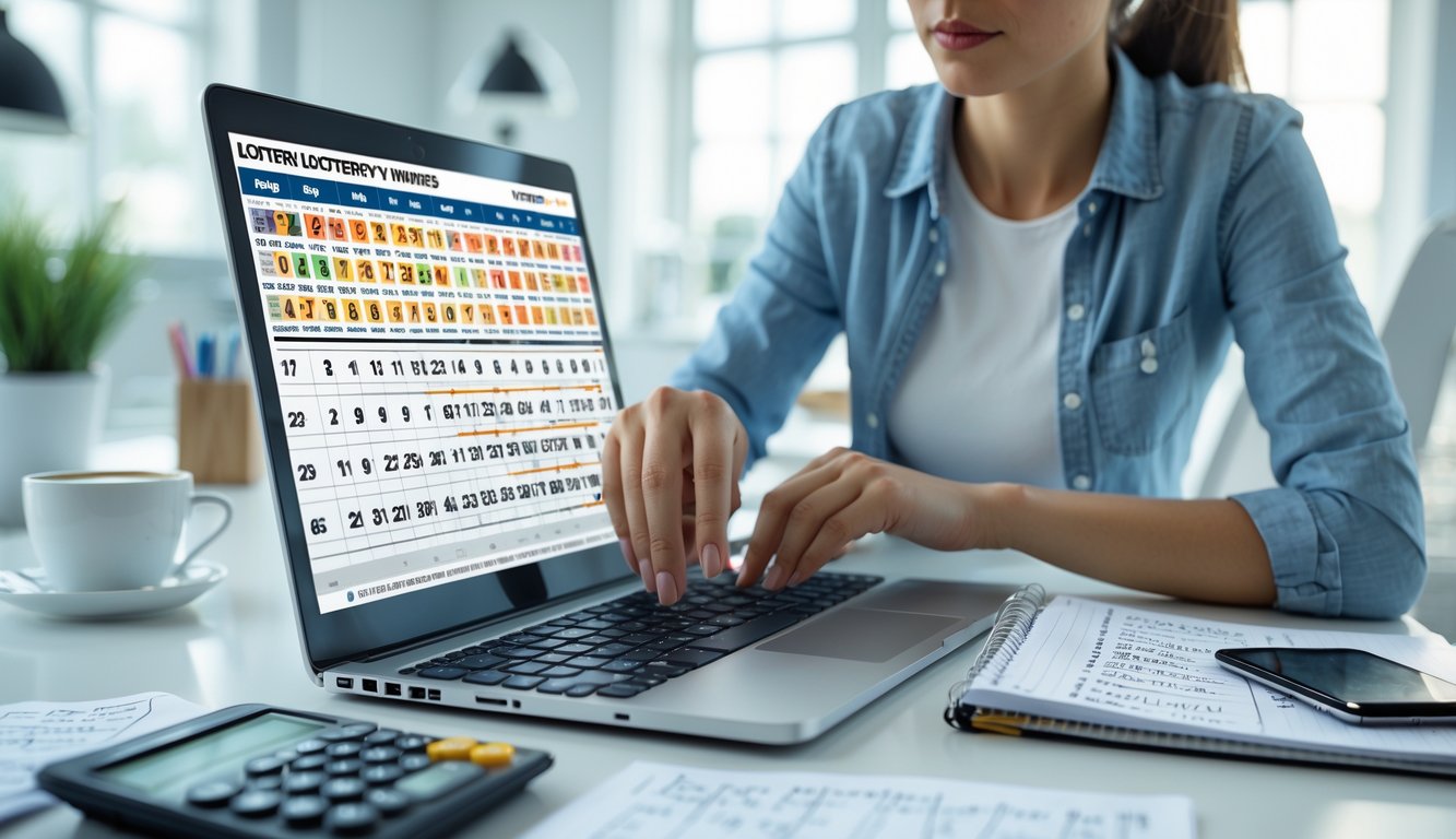 Seseorang sedang fokus menganalisis angka togel di laptop dengan catatan dan alat tulis di meja kerja.