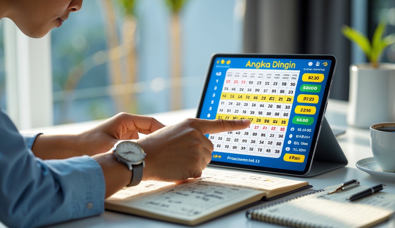 Seseorang sedang menganalisis angka togel dengan perangkat digital di meja kerja yang terang dan rapi.