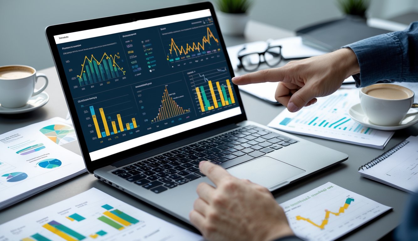 Sebuah ruang kerja modern dengan laptop yang menampilkan grafik dan tabel data, tangan menunjuk layar, dikelilingi oleh dokumen dan alat tulis di atas meja.
