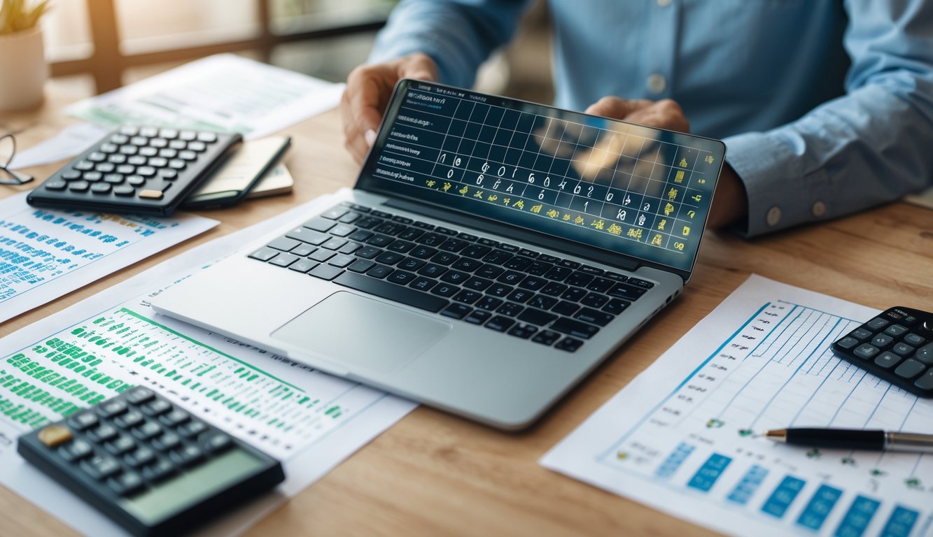 Meja kerja dengan laptop menampilkan data angka dan grafik, kertas berisi angka dan grafik, serta tangan seseorang yang sedang menganalisis data.