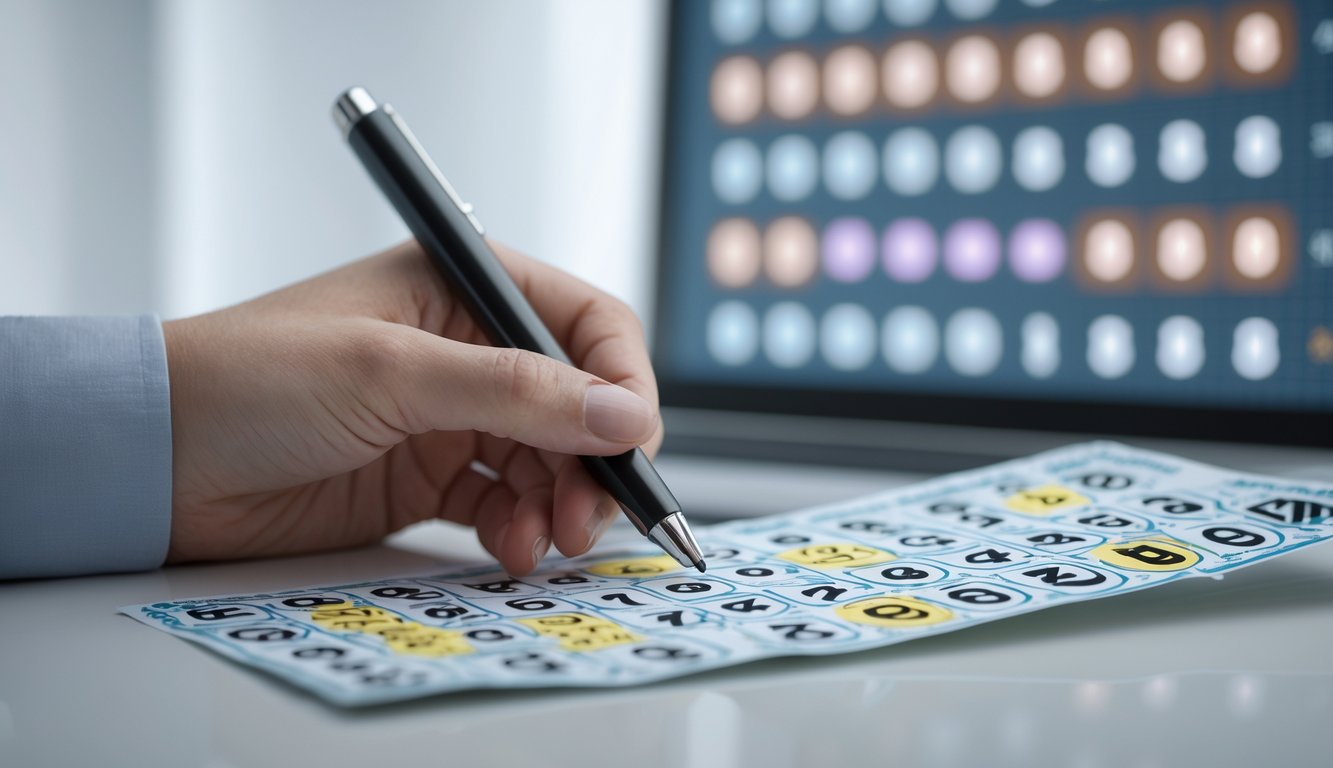 Tangan memegang pena di atas tiket togel dengan angka yang disorot, di latar belakang layar digital menampilkan angka togel yang samar.