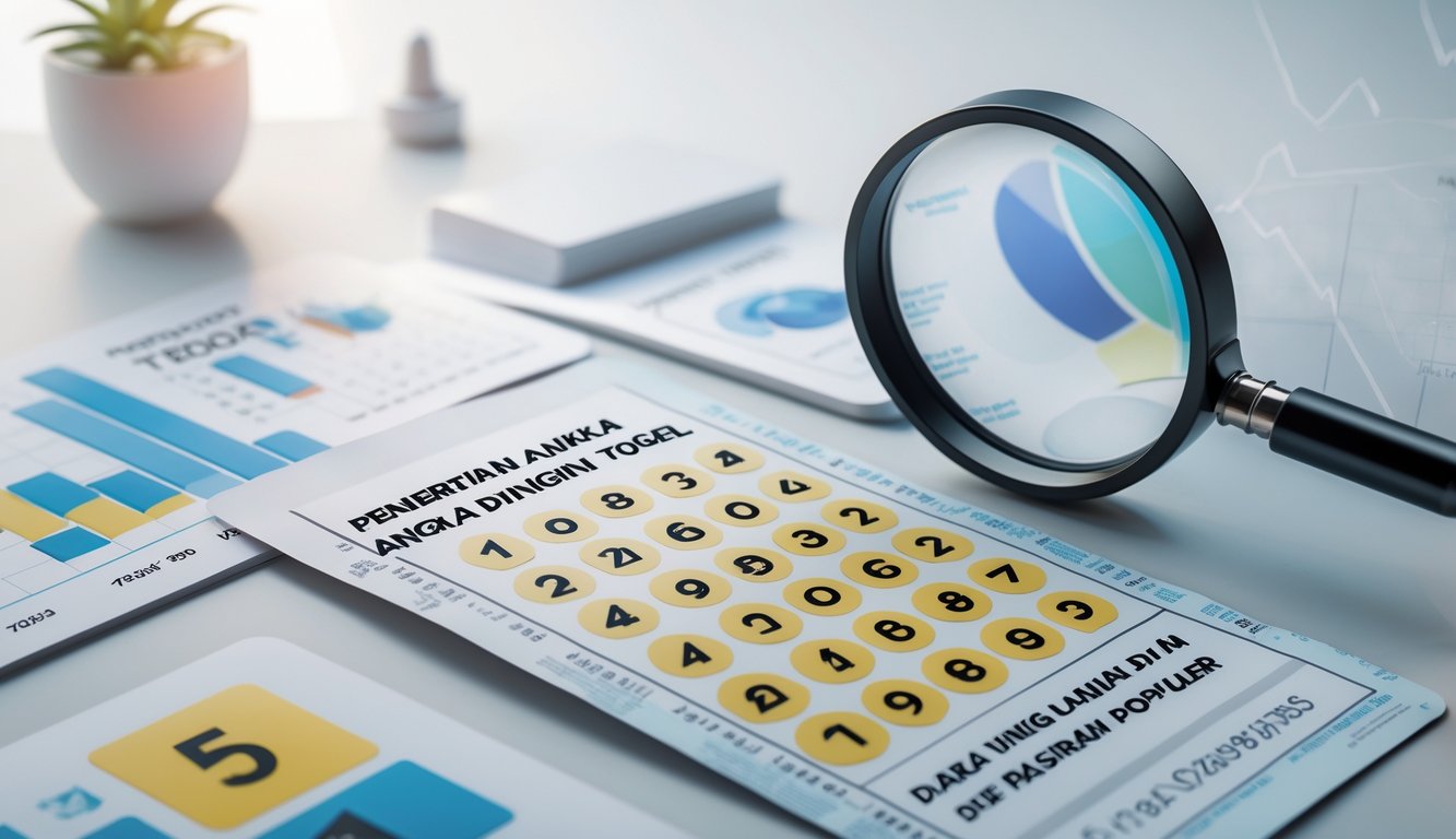 Gambar close-up tiket togel dengan beberapa angka yang disorot dan alat analisis seperti grafik dan kaca pembesar di sekitarnya.