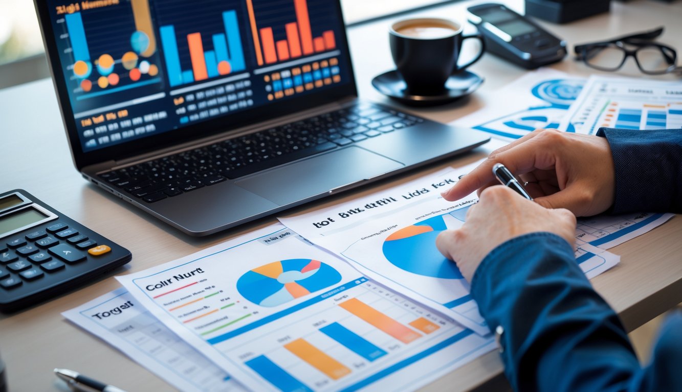 Sebuah meja kerja dengan laptop yang menampilkan grafik dan lembar angka berwarna biru dan merah, serta tangan seseorang yang menunjuk layar, menggambarkan analisis strategi angka togel.