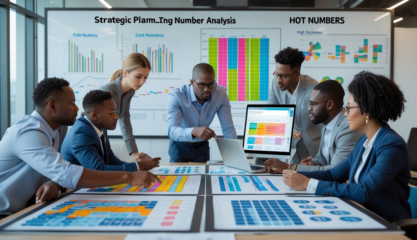 Sekelompok orang sedang berdiskusi dan menganalisis angka di meja kerja dengan grafik dan diagram di latar belakang.