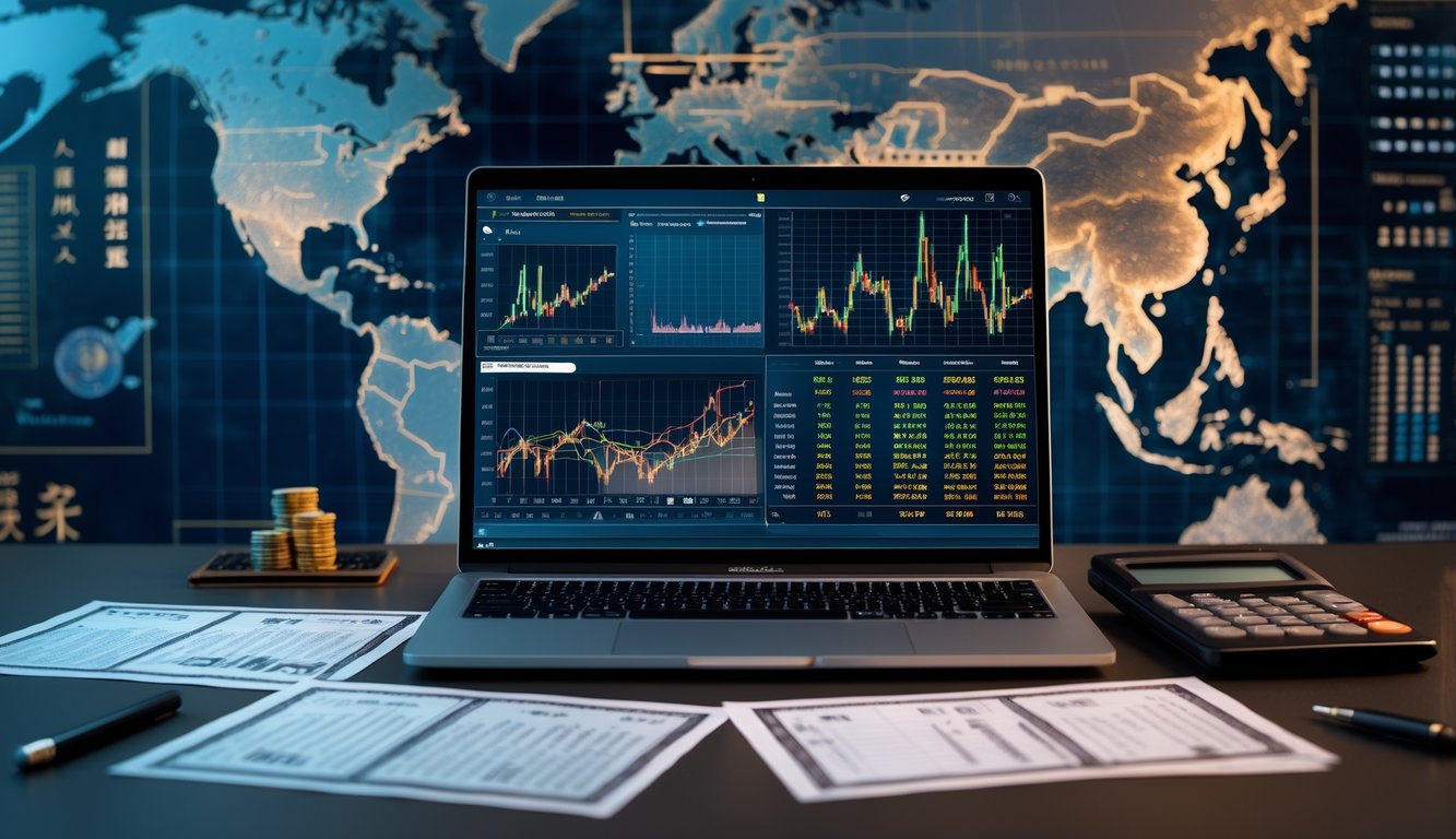 Seorang profesional sedang menganalisis data angka pada laptop di meja kerja dengan peta Asia di latar belakang.