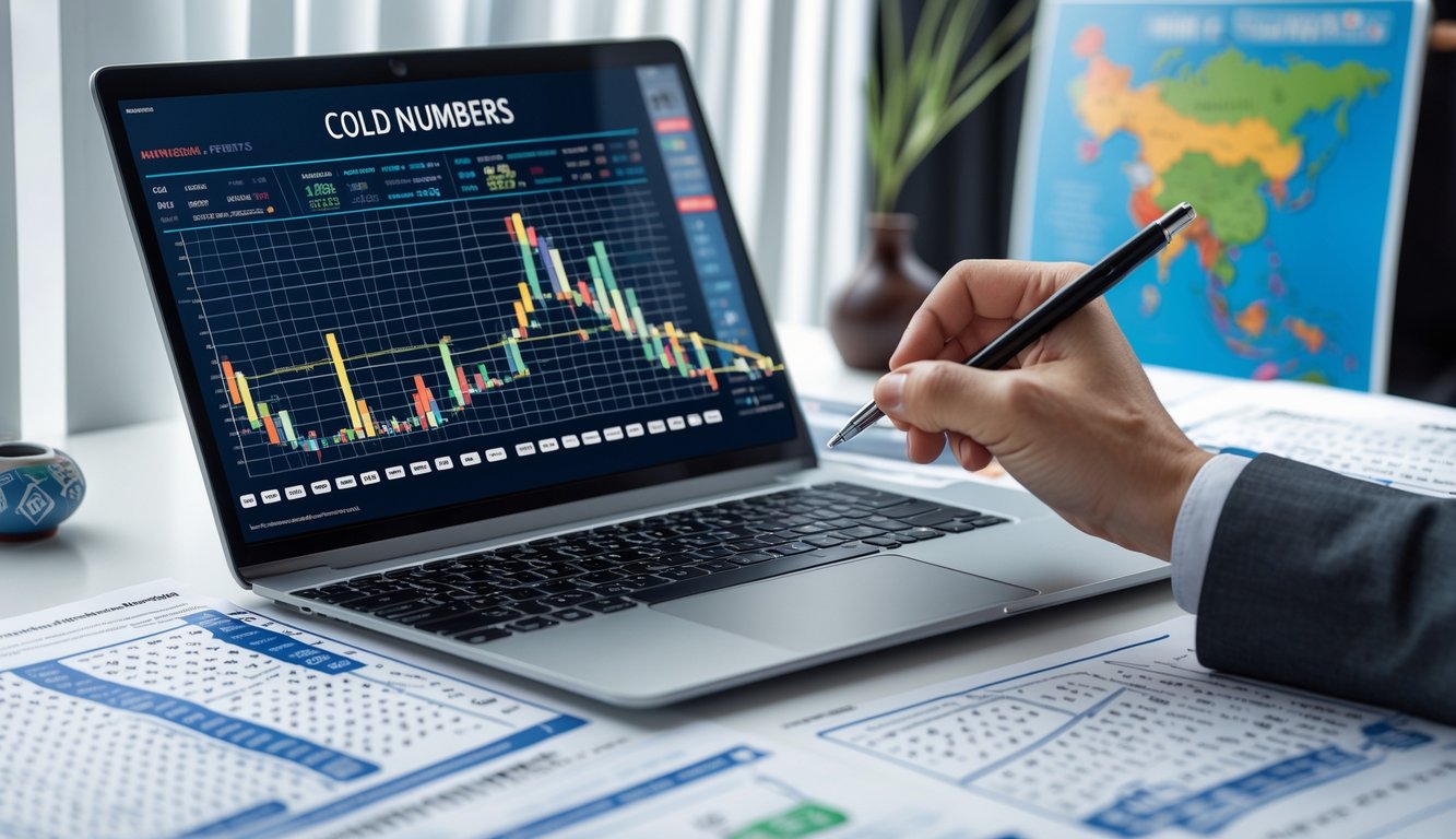 Seseorang menganalisis data angka togel dengan laptop dan kertas berisi tabel angka di meja kerja.