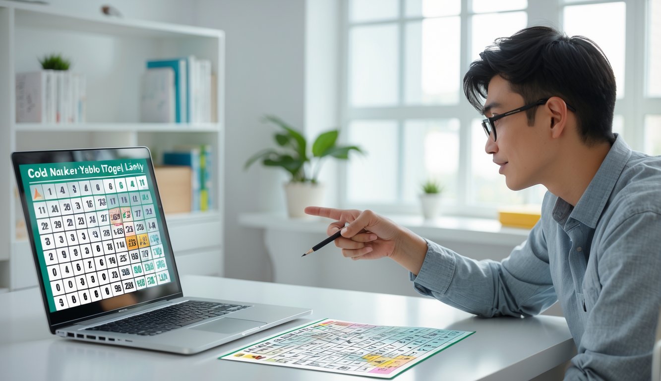 Seorang pemula sedang belajar membaca tabel angka togel dengan fokus di sebuah meja belajar yang rapi.