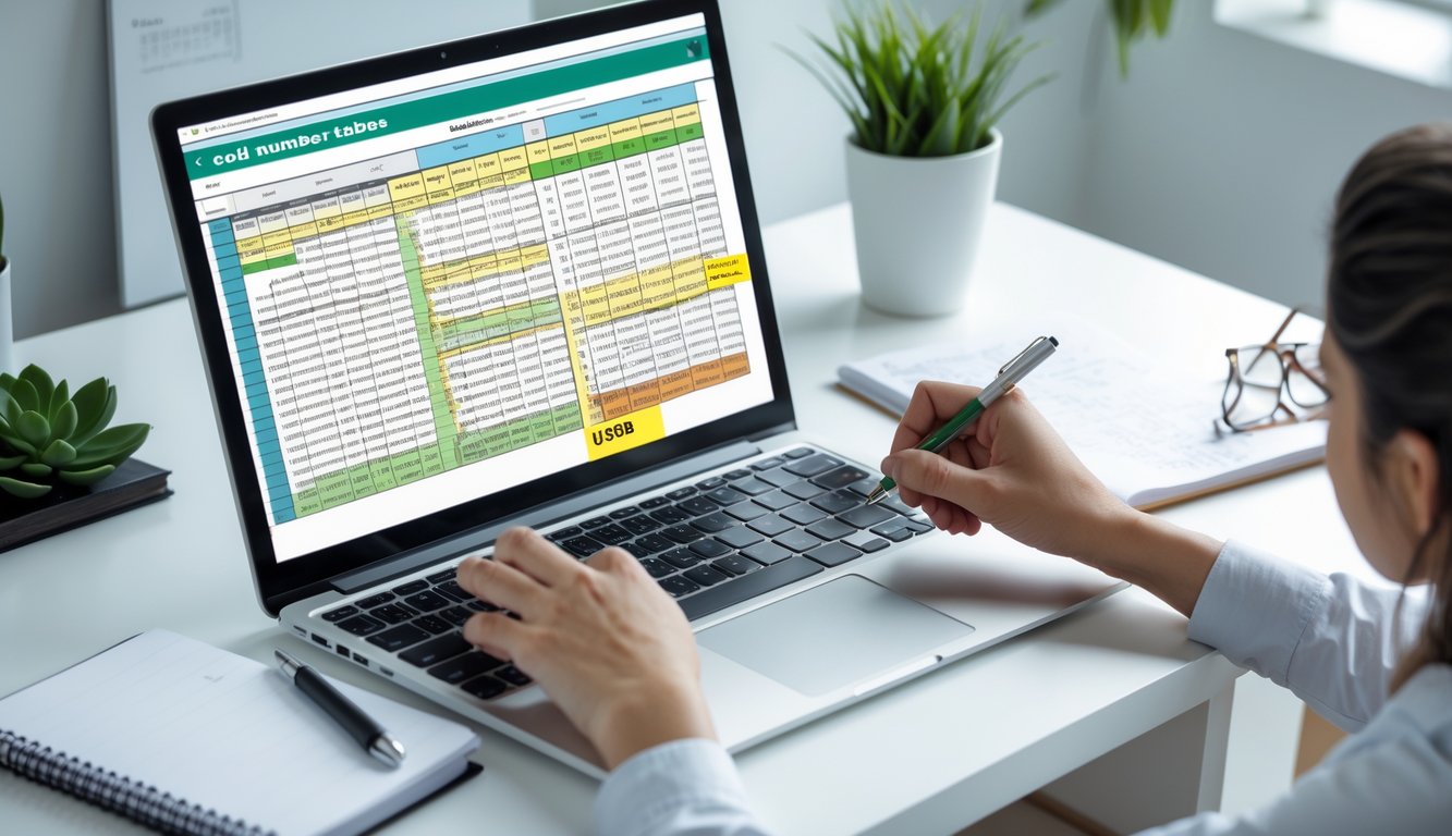 Meja kerja dengan laptop yang menampilkan tabel angka, tangan seseorang menunjuk layar, suasana belajar dan analisis data.