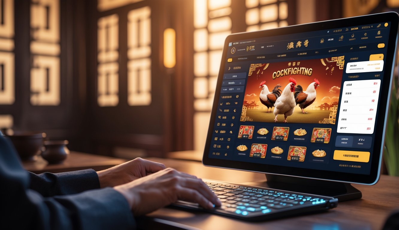 Seseorang menggunakan perangkat digital dengan latar belakang elemen budaya Asia dan tema judi sabung ayam.