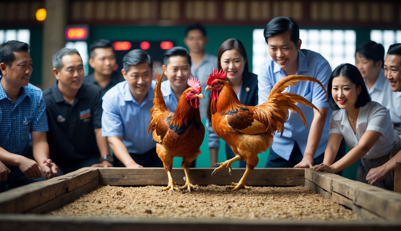 Beberapa orang Asia menonton dua ayam jago bertarung di atas panggung kayu dalam ruangan yang terang dengan suasana serius dan penuh perhatian.