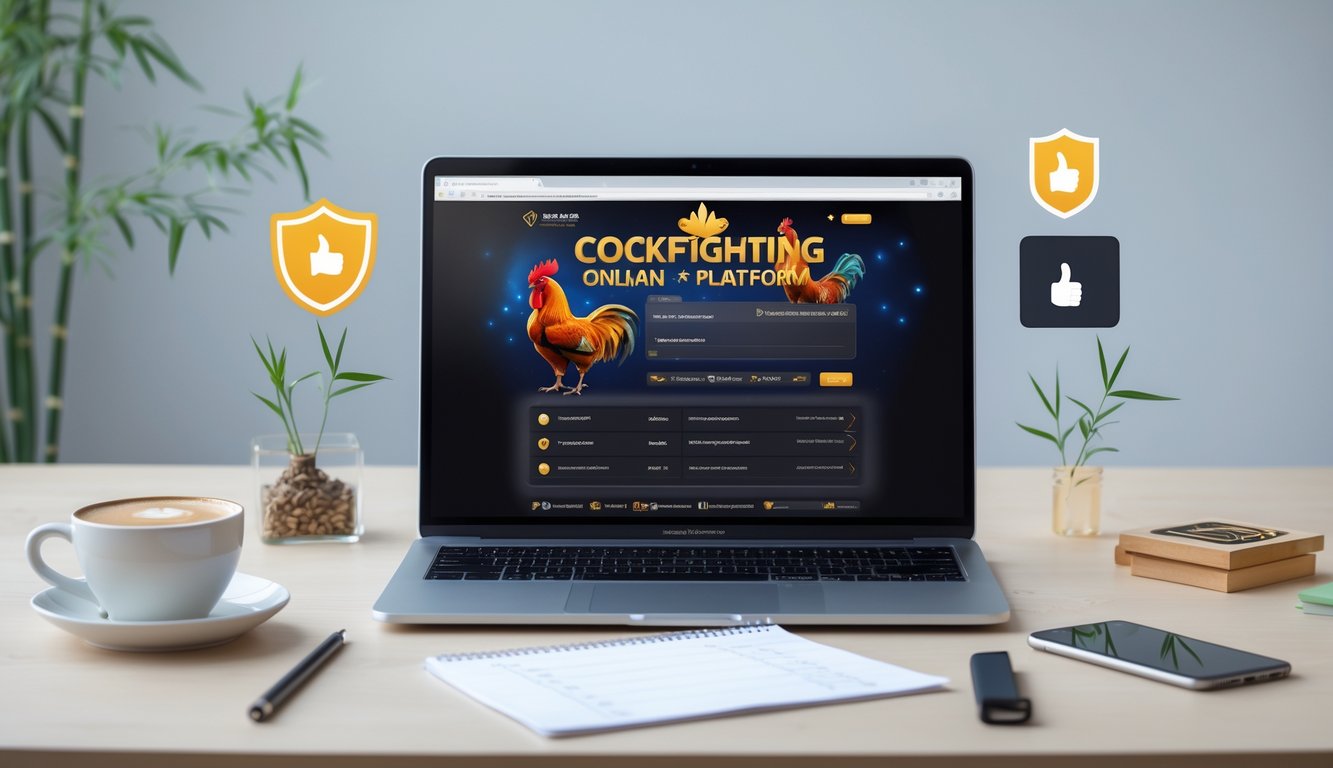 Meja kerja modern dengan laptop yang menampilkan situs platform sabung ayam online, dikelilingi oleh simbol kepercayaan dan elemen budaya Asia.