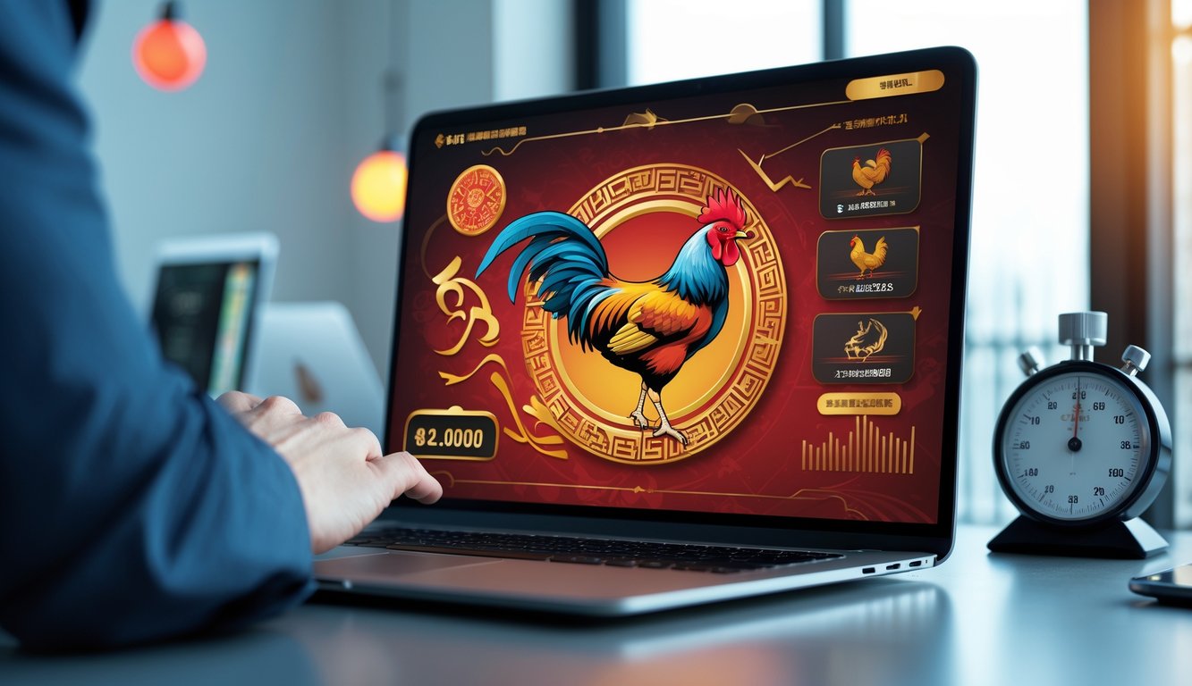 Seorang pengguna sedang melihat layar perangkat digital dengan gambar ayam jago dan elemen yang menunjukkan kecepatan pembayaran dalam suasana kerja yang rapi.