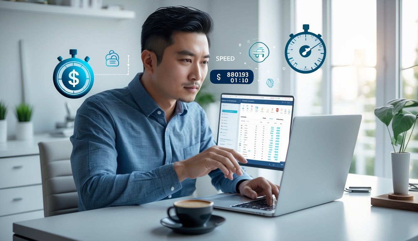 Seorang pria Asia menggunakan laptop di ruang kerja yang terang, fokus menganalisis data terkait situs judi sabung ayam dengan pembayaran cepat.