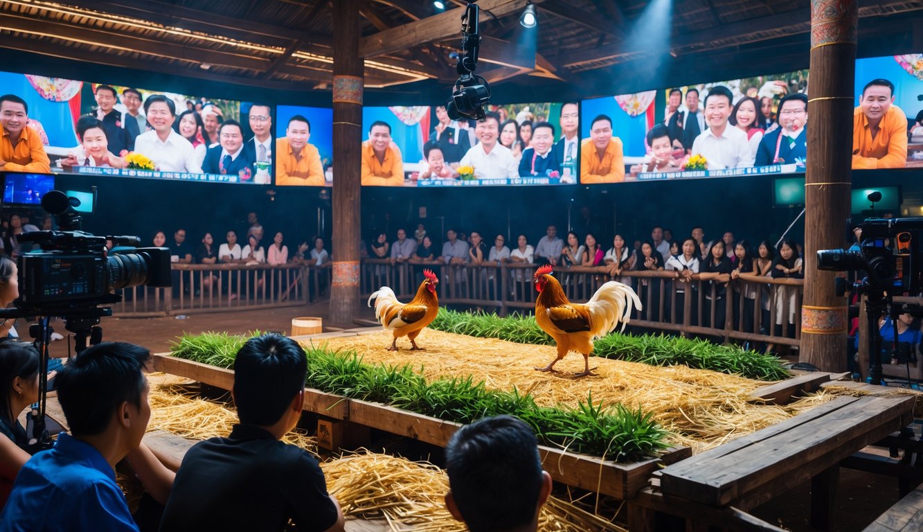 Kerumunan orang menonton pertandingan sabung ayam tradisional di arena dengan peralatan siaran langsung di sekitarnya.