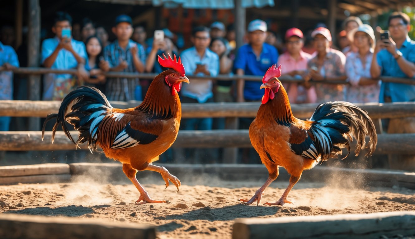 Dua ayam jago bertarung di arena kayu dengan penonton yang menonton dan merekam menggunakan ponsel.