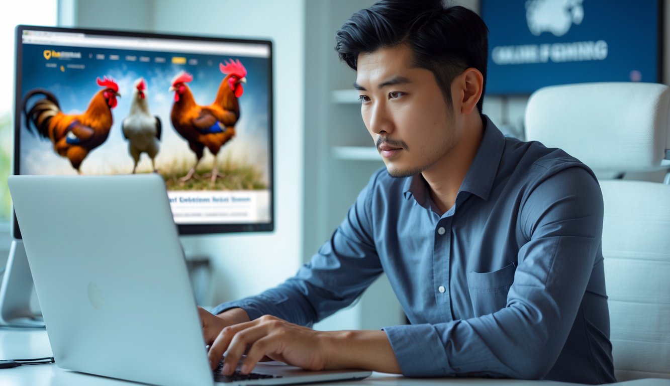 Seorang pria Asia duduk di meja dengan laptop terbuka, fokus melihat layar yang menampilkan elemen terkait sabung ayam online.