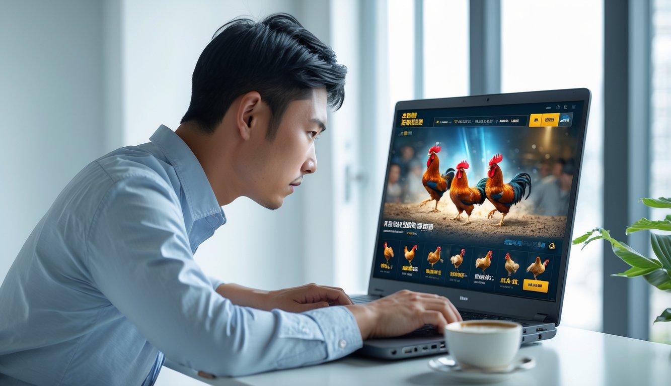Seorang pria Asia sedang menonton pertandingan sabung ayam online di laptop di sebuah ruangan yang terang dan rapi.