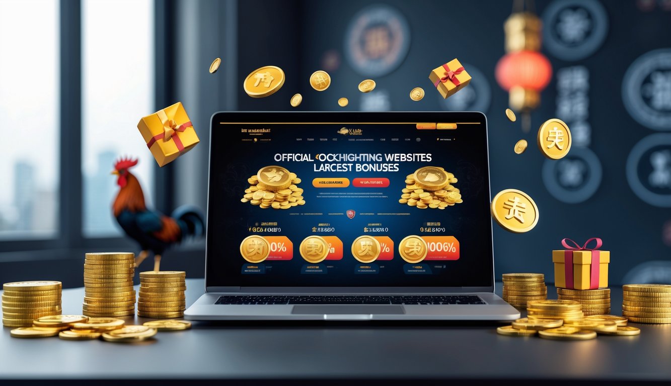 Meja kerja modern dengan laptop yang menampilkan situs judi sabung ayam Asia, dikelilingi oleh ikon koin emas dan hadiah bonus.