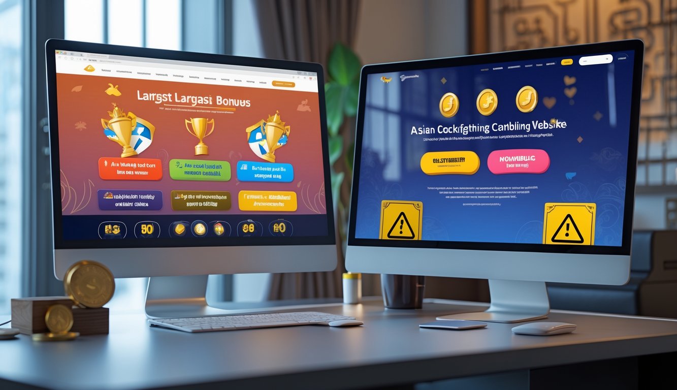 Dua monitor komputer berdampingan di meja kerja menampilkan perbandingan situs judi sabung ayam Asia resmi dan tidak resmi dengan latar belakang elemen budaya Asia.
