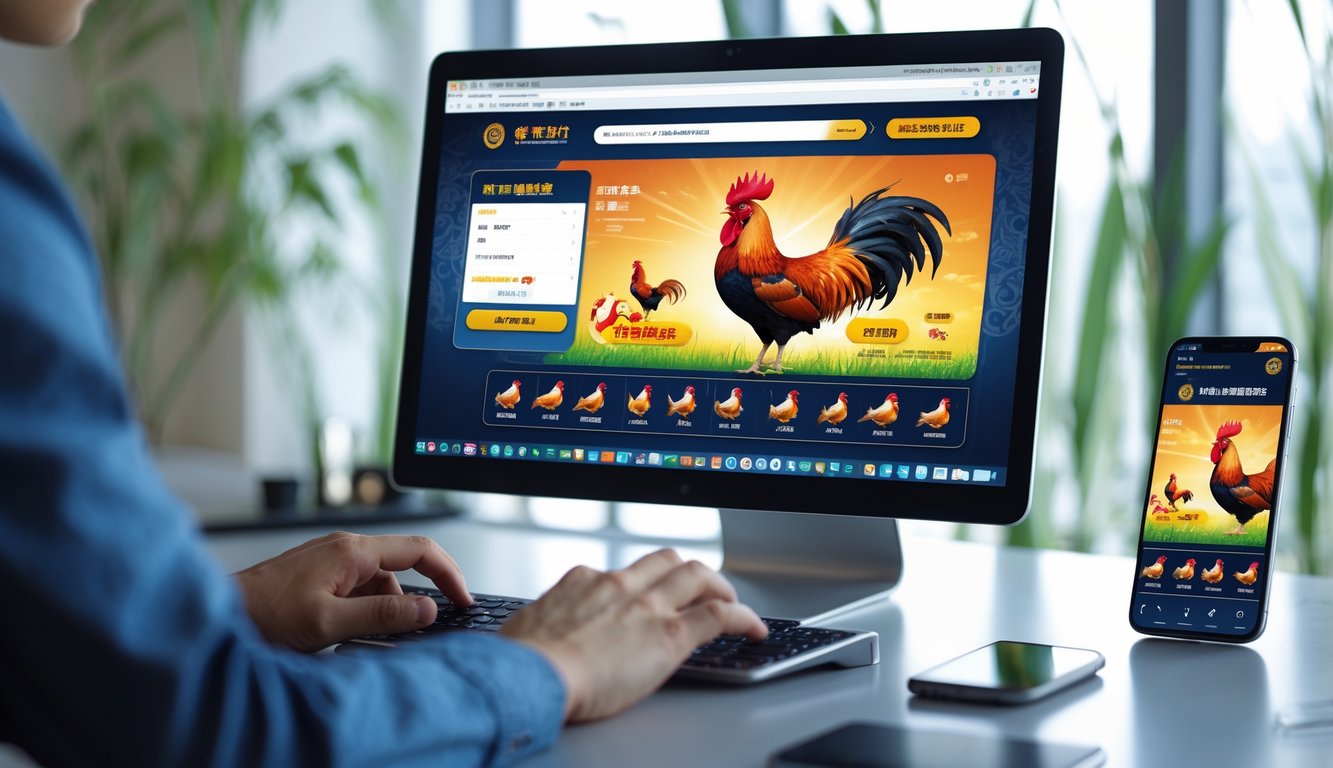 Seorang pengguna sedang mengoperasikan komputer dan ponsel dengan tampilan situs sabung ayam online, di meja kerja yang rapi dengan tanaman bambu di latar belakang.