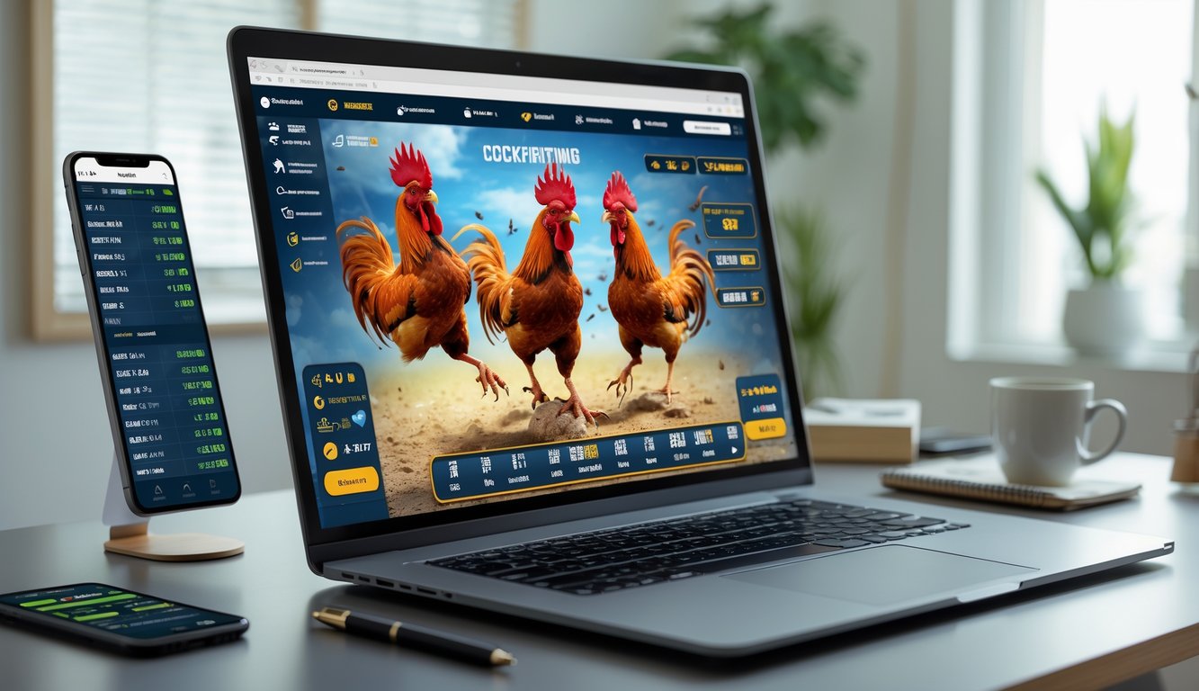Seorang pria menggunakan komputer di meja kerja dengan tampilan pertarungan sabung ayam online di layar.
