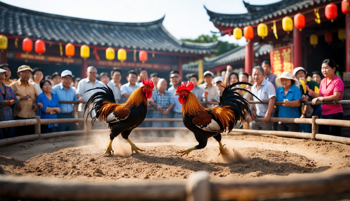 Arena sabung ayam tradisional Asia dengan dua ayam jantan bertarung di tengah dan penonton yang antusias mengelilingi arena.