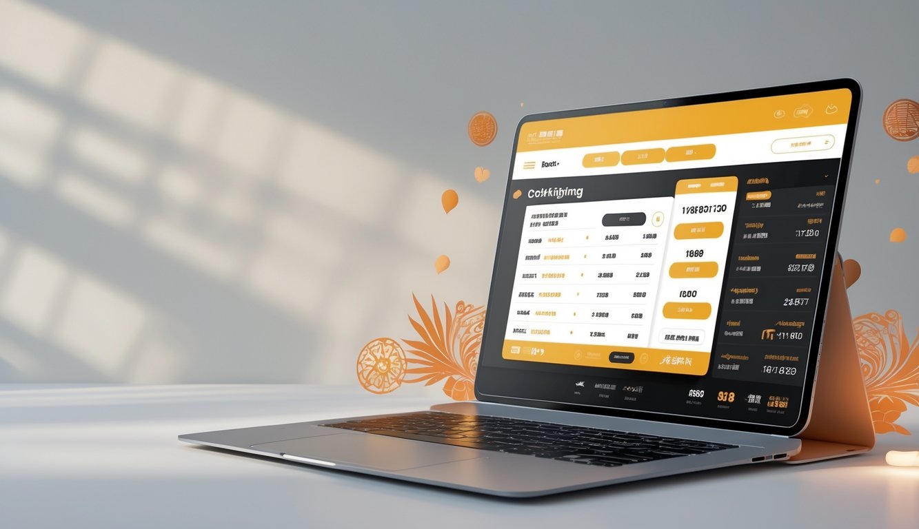 Sebuah laptop menampilkan antarmuka taruhan sabung ayam dengan angka peluang tinggi, dikelilingi elemen budaya Asia.