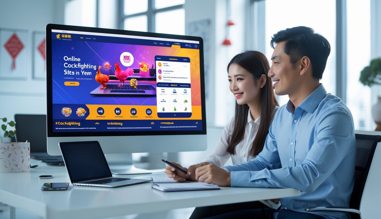 Dua orang Asia sedang duduk di meja kantor modern sambil melihat layar komputer yang menampilkan situs web terkait permainan online.