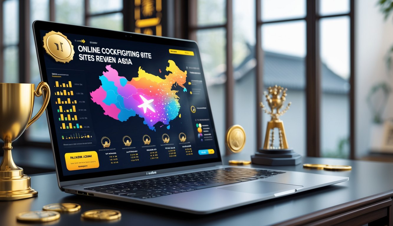 Meja kerja modern dengan laptop yang menampilkan tampilan terkait situs sabung ayam online, dikelilingi oleh simbol kepercayaan dan kualitas, dengan latar belakang pencahayaan alami dan dekorasi bergaya Asia.