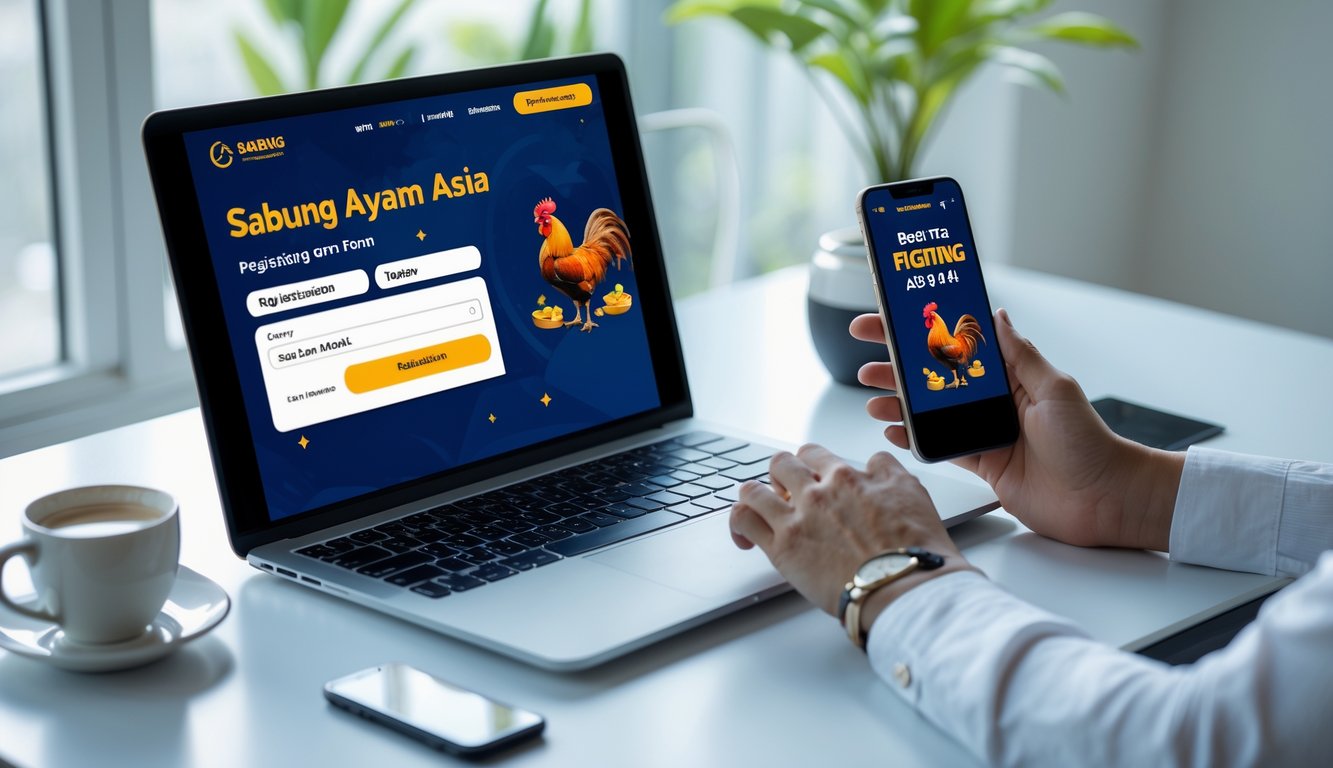Seseorang sedang mengetik di laptop di meja kerja dengan ponsel di samping, suasana terang dan rapi menunjukkan proses pendaftaran situs judi sabung ayam Asia secara online.