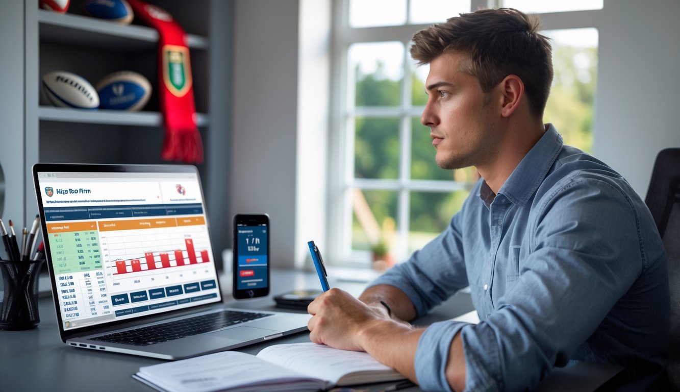 Seorang pria muda duduk di meja dengan laptop dan catatan, menganalisis strategi taruhan rugby di ruang kerja rumah.