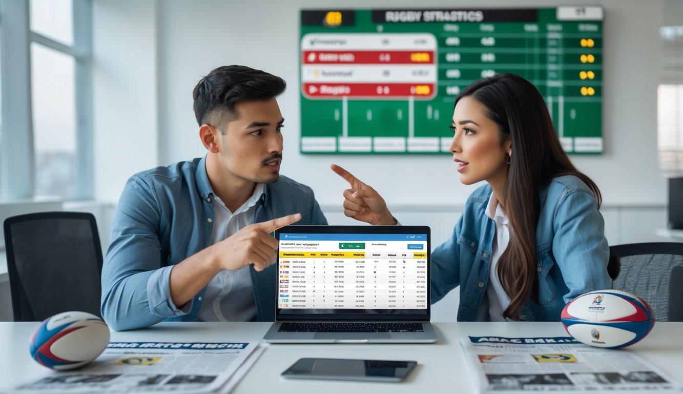 Dua orang muda sedang berdiskusi di depan laptop dengan statistik dan peralatan rugby di meja.