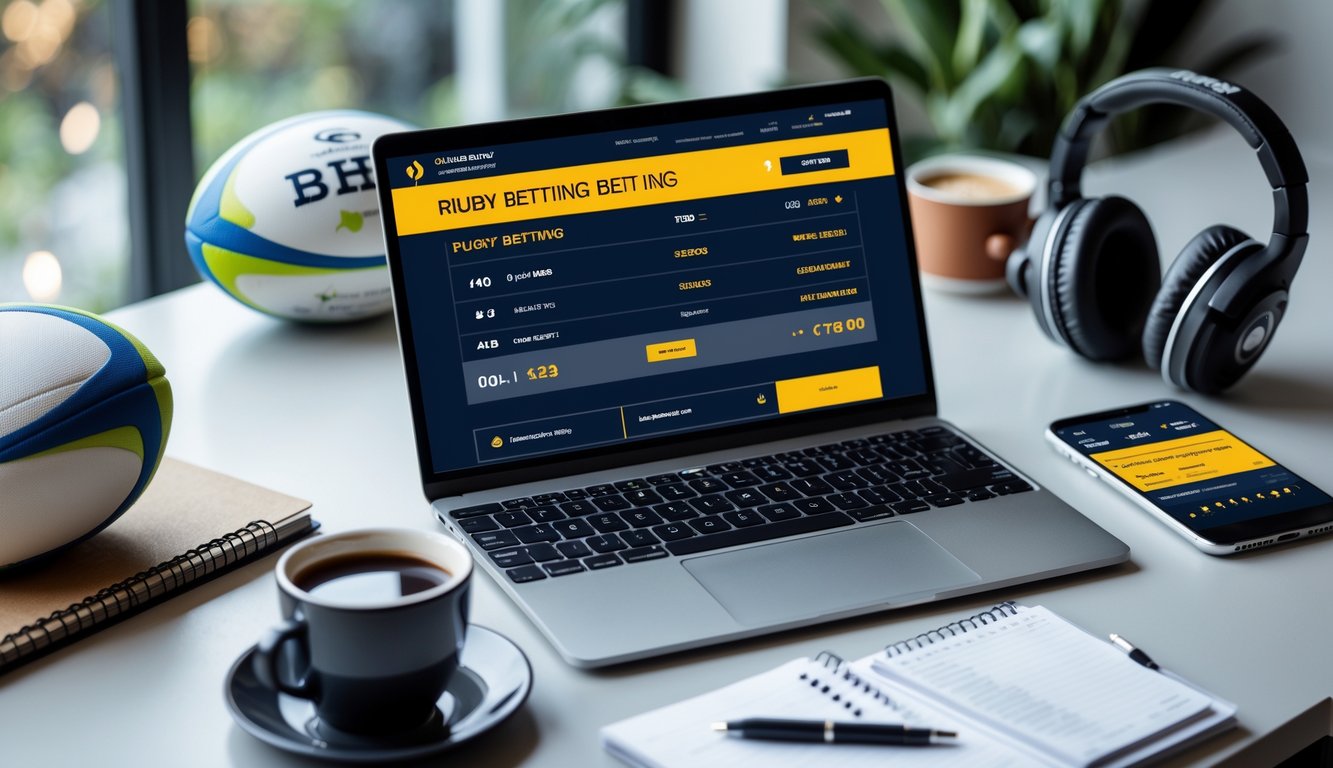 Meja kerja dengan laptop menampilkan situs taruhan rugby, bola rugby, headphone olahraga, dan ponsel dengan aplikasi taruhan.