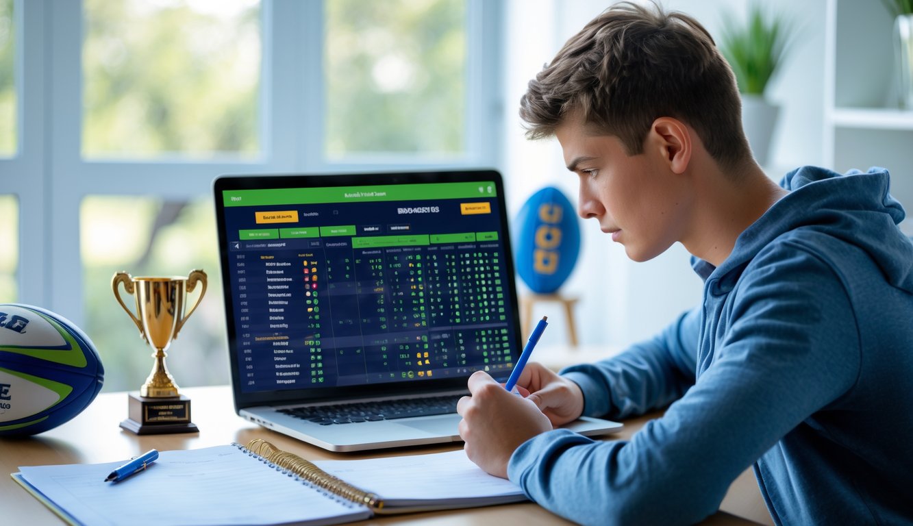 Seorang pemula sedang belajar membaca handicap taruhan rugby dengan laptop dan catatan di meja kerja di sebuah ruang belajar yang terang.