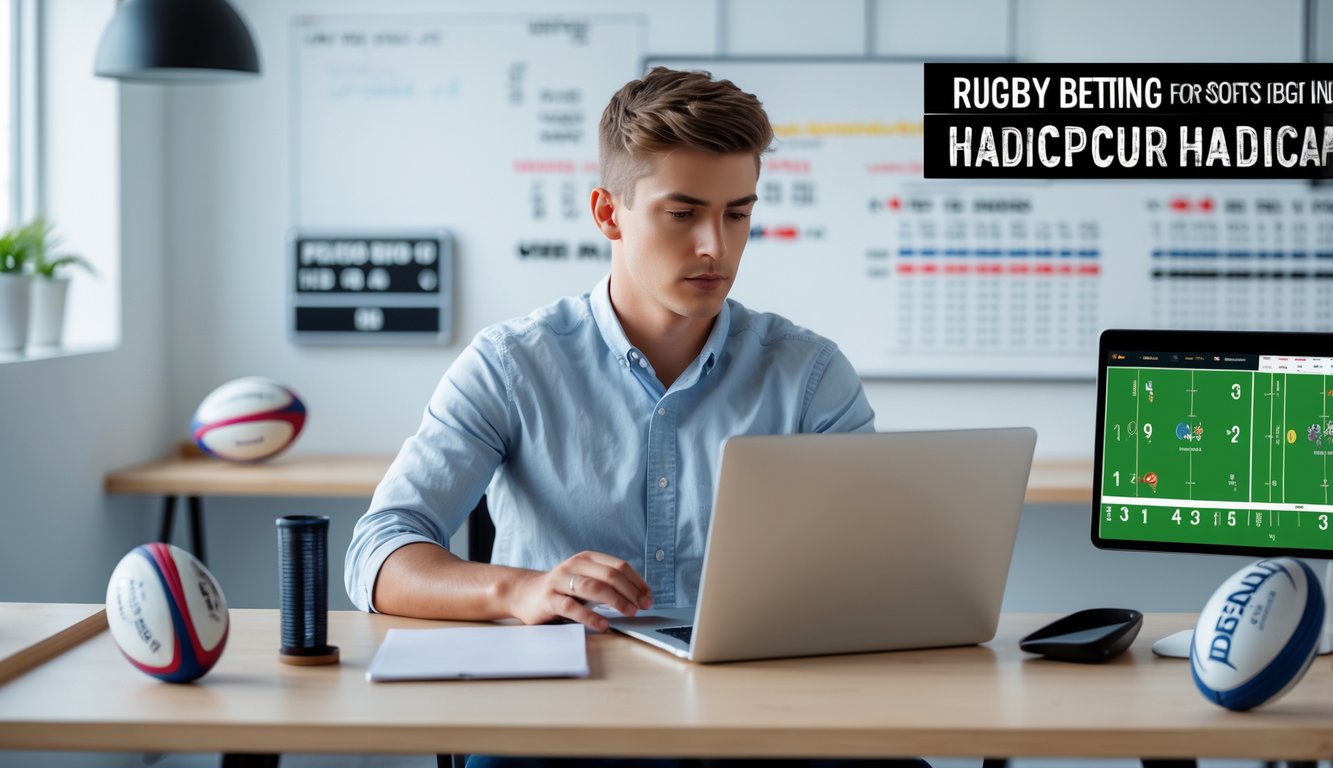 Seorang pria muda duduk di meja dengan laptop yang menampilkan peluang taruhan rugby, dikelilingi bola rugby dan papan skor kecil.