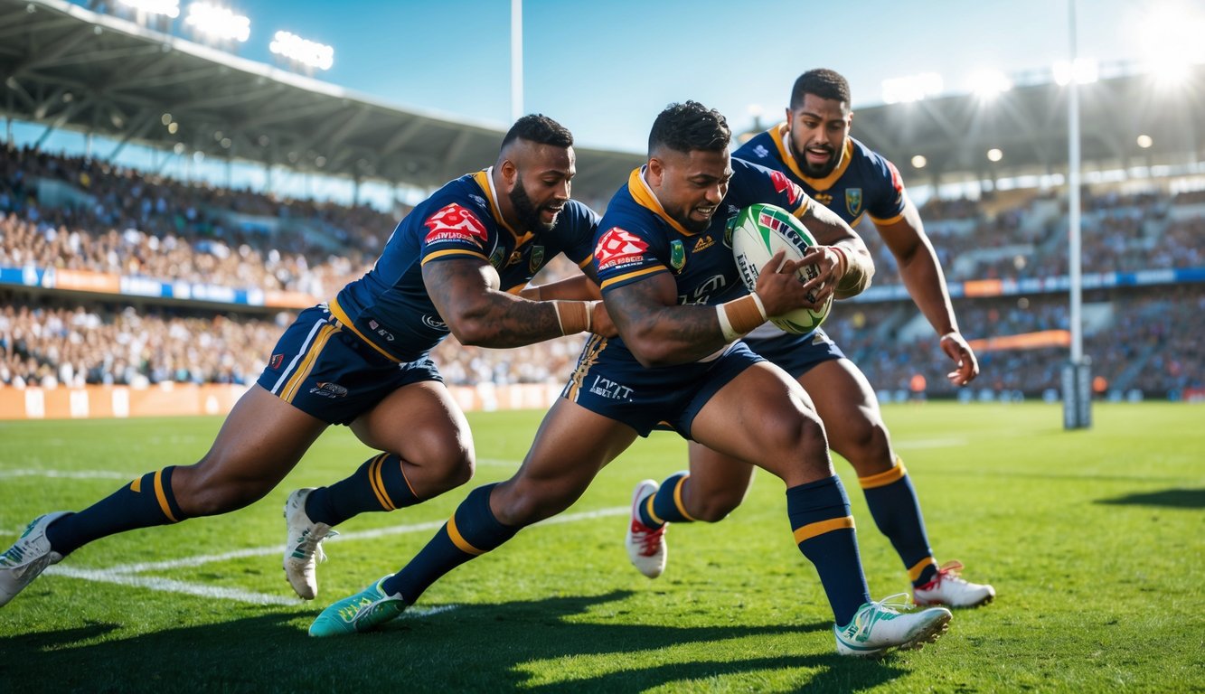 Dua pemain rugby sedang bertanding di lapangan hijau dengan penonton ramai di latar belakang.