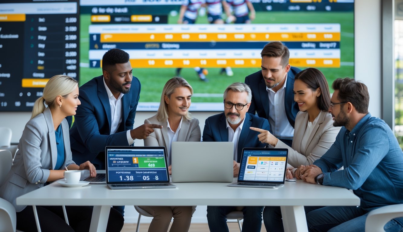 Sekelompok orang sedang berdiskusi dan menganalisis taruhan pertandingan rugby liga internasional di ruang kerja modern.